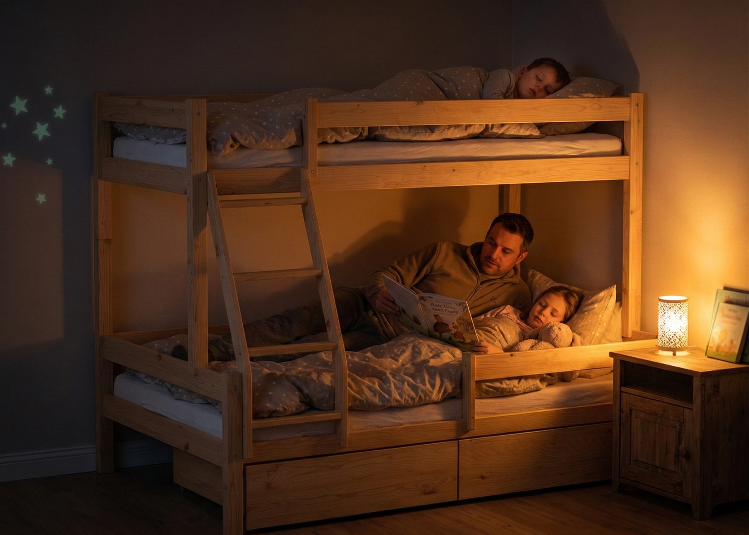 Rodzic czytający dziecku w solidnym łóżku piętrowym
