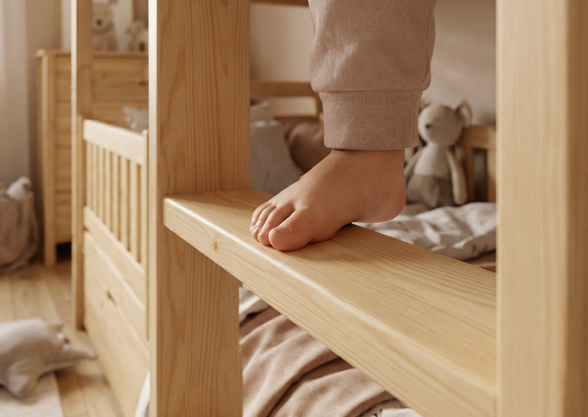 Szerokie szczeble drabinki do wchodzenia na antresolę